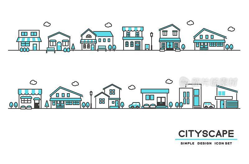简单可爱的城镇景观矢量插画材料，如商店、房子和建筑/房子/住宅